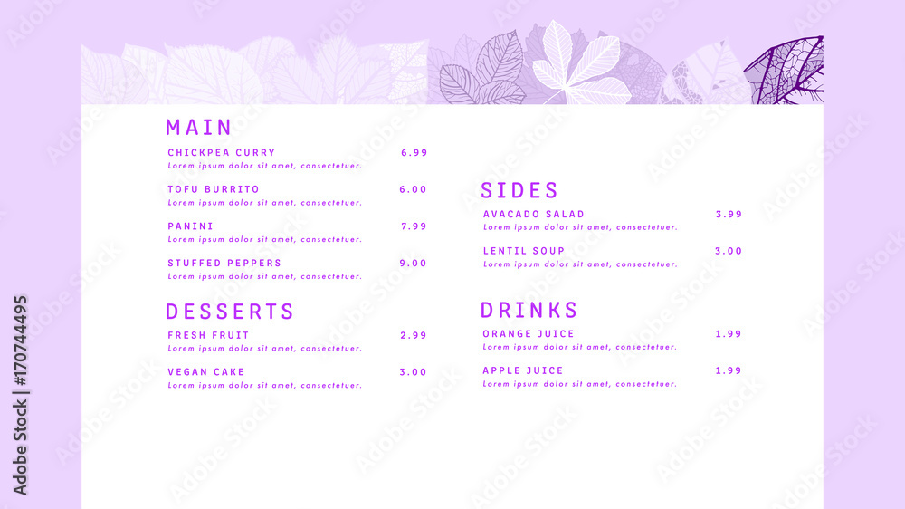 Vector image of menu card with menu and prices