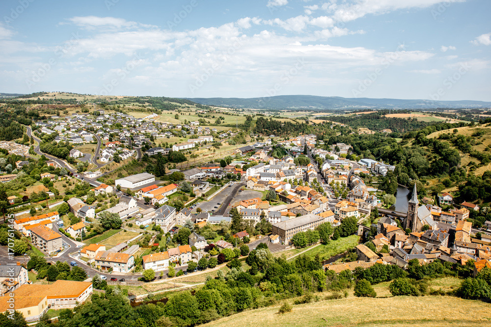 Aerial cityscape view on Saint Flour town in Cantal region in France