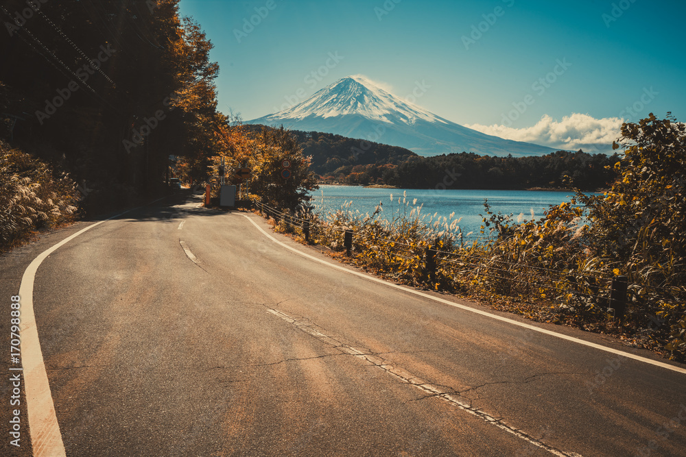 Mt Fuji in Japan and road at Lake Kawaguchiko