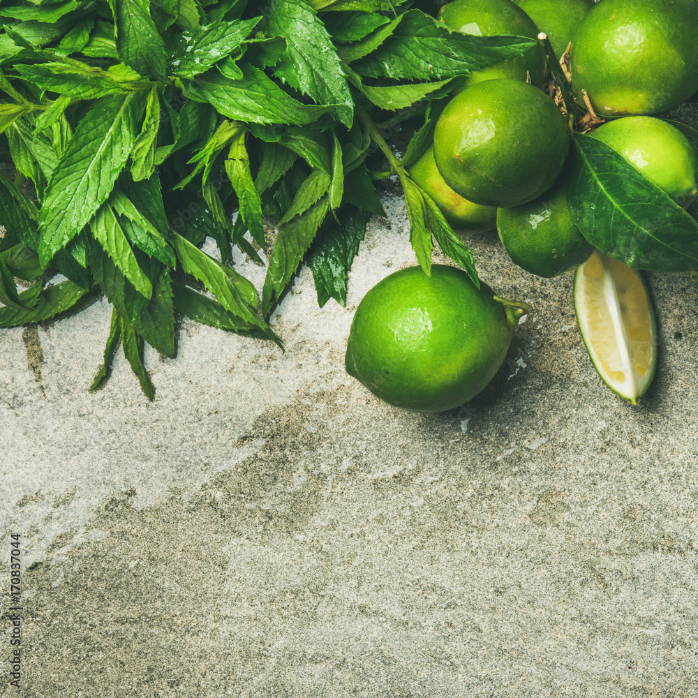 Flatlay of freshly picked organic limes and mint leaves for making cocktail or lemonade over grey co