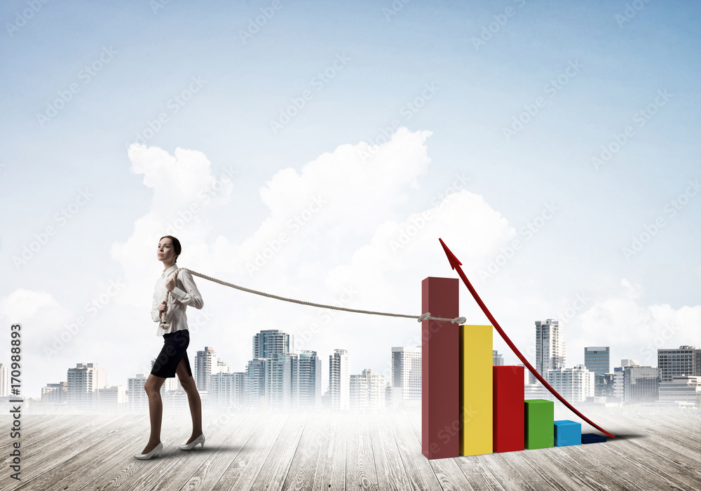 Businesswoman pulling arrow with rope and making it raise up