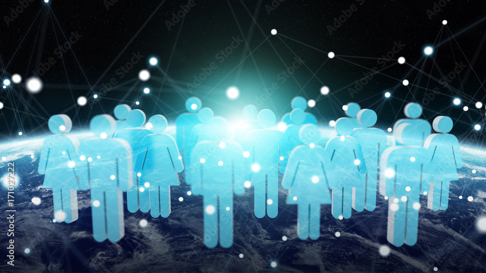 3D rendering group of icons people surrounding planet Earth