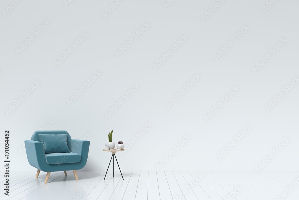 Style interior with blue armchair and plant on white wall background. 3D rendering.