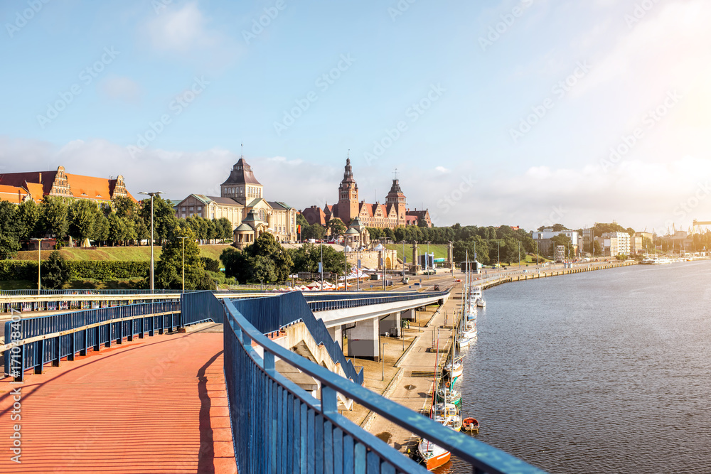 Landscape view on the Oder river with beautiful buildings in Szczecin city in Poland