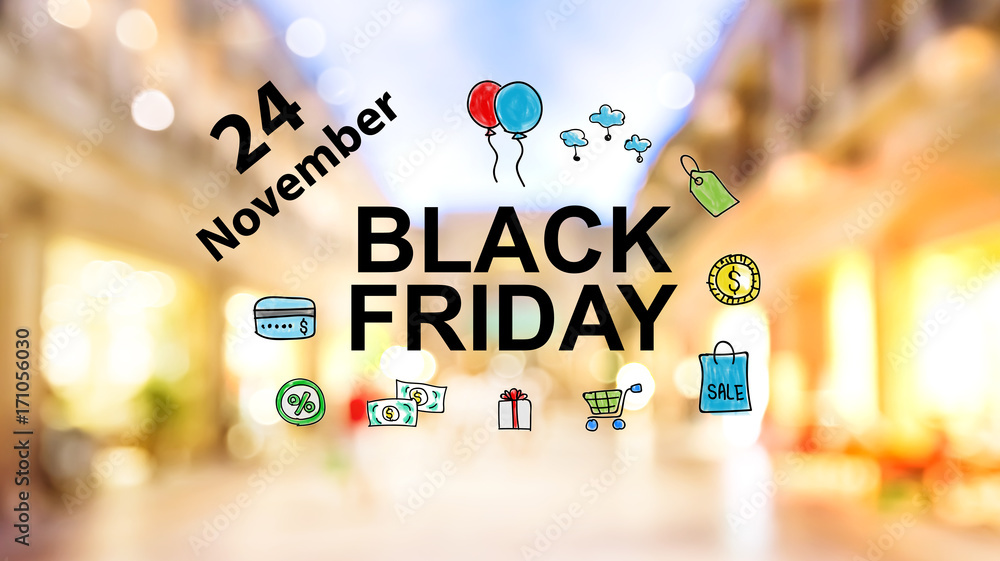 Black Friday November 24 text on blurred illuminated shopping mall background