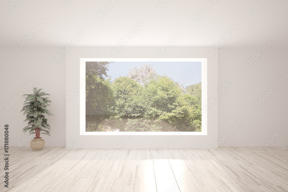 White empty room with summer landscape in window. Scandinavian interior design. 3D illustration