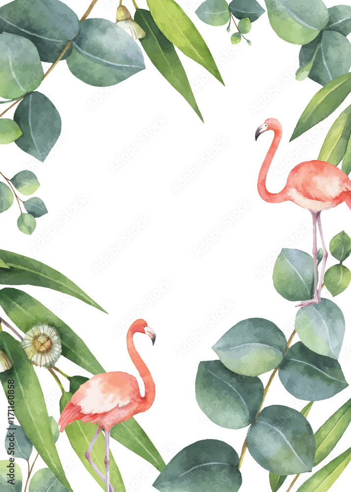 Watercolor vector card of eucalyptus leaves and the pink Flamingo isolated on white background.