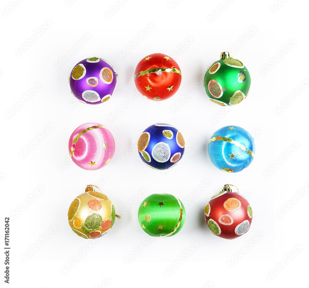 Set of round colorful Christmas toys isolated on white background. Bright New Years toys bright col