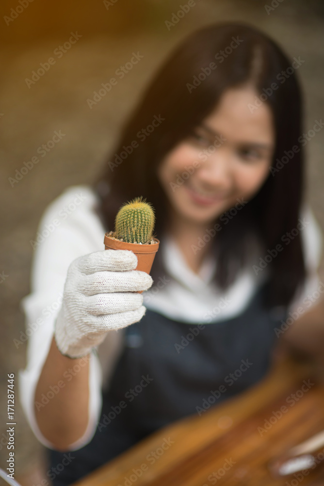 年轻的亚洲女孩在花盆里种植小仙人掌的肖像