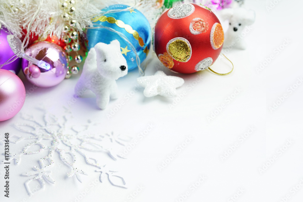 Merry Christmas and happy New Year. Light colorful background with a set of colored multi-colored Ch