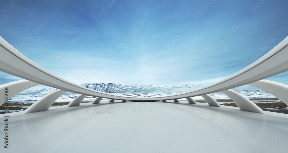 empty marble floor with beautiful snow mountains in blue sky