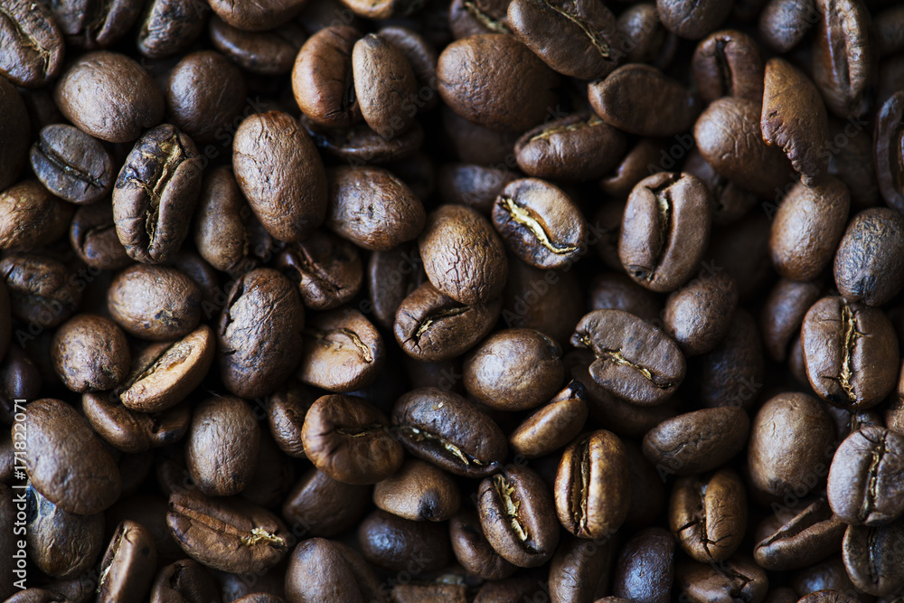 Closeup of roasted coffee beans macro