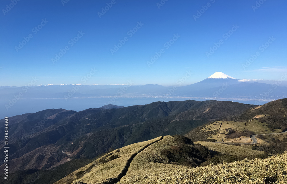 从静冈县伊豆县达鲁马山山顶看冬季的富士山和骏河湾