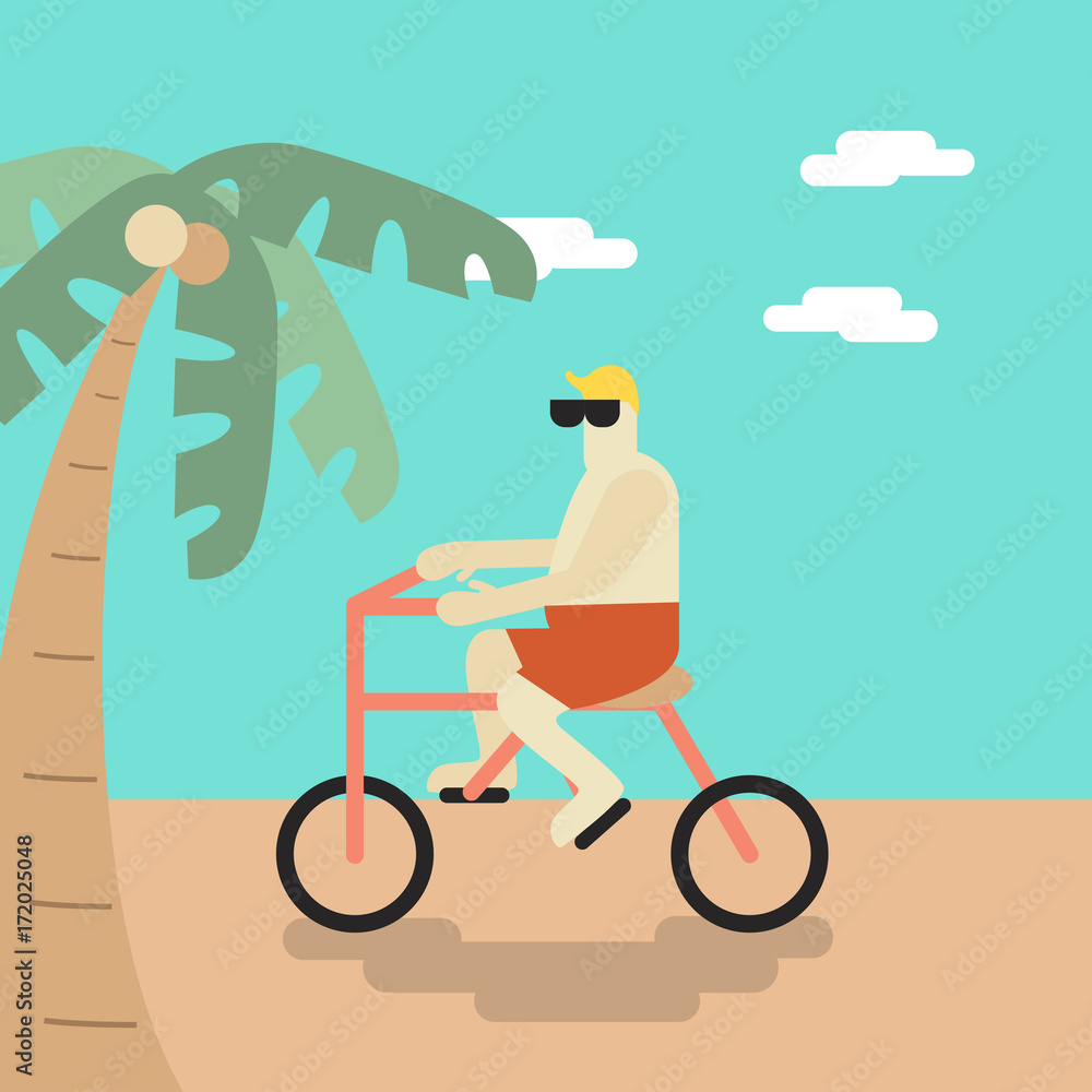 Vector of a man cycling on the beach