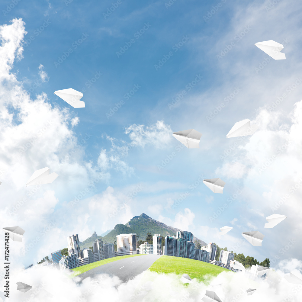 Concept of eco green life as elegant business center on white clouds