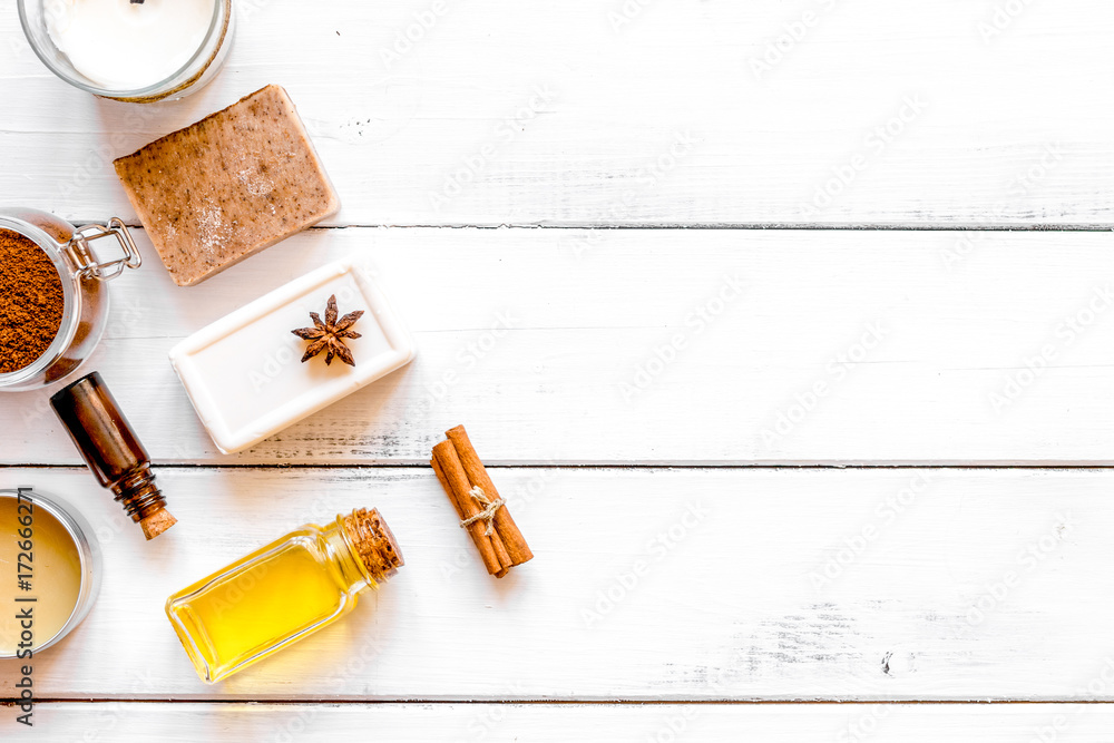 cosmetics for spa on wooden background top view