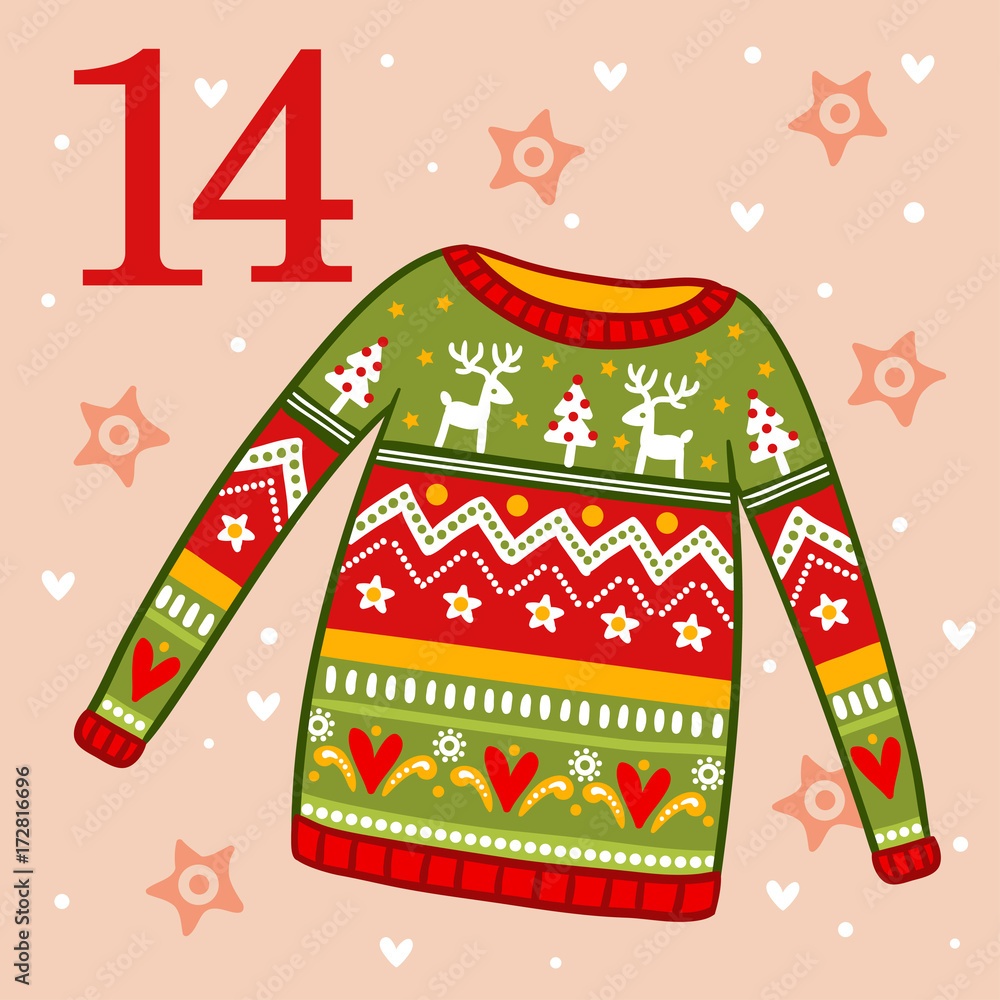 Vector christmas advent calendar in childrens style. Christmas sweater with ornament. Illustration w