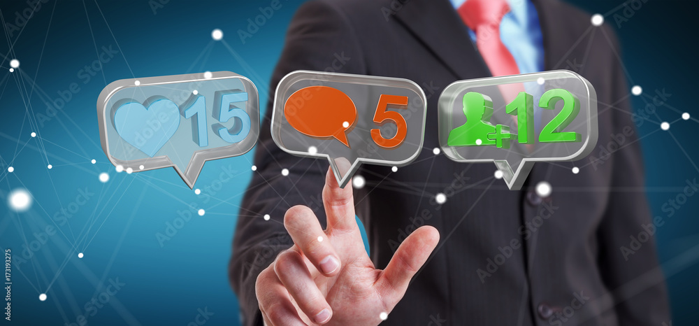 Businessman using digital colorful social media icons 3D rendering