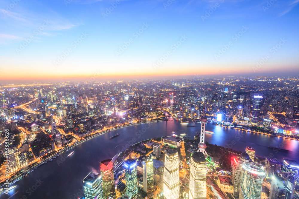 Shanghai huangpu river and pudong financial district skyline at sunset,China