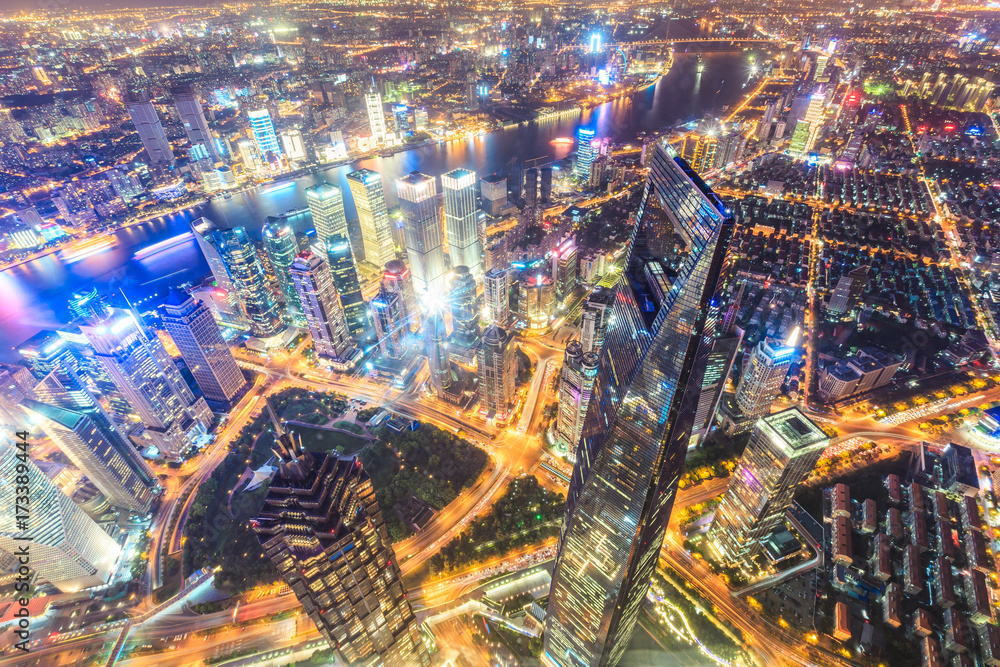 Aerial view of Lujiazui financial district at night in Shanghai,China