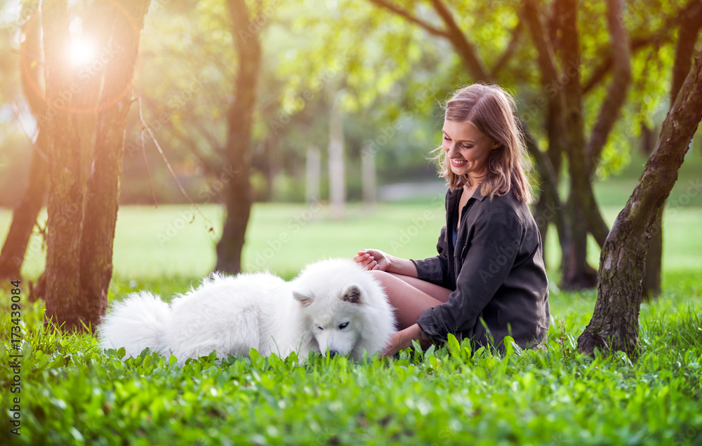 萨摩耶犬和主人在公园一起玩耍