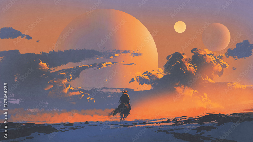 cowboy riding a horse against sunset sky with planets background, digital art style, illustration pa