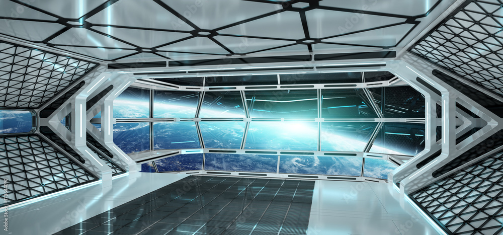 Spaceship interior with view on Earth 3D rendering elements of this image furnished by NASA