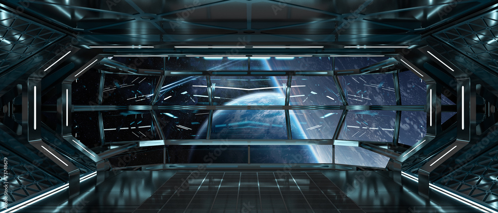 Spaceship interior with view on planets 3D rendering elements of this image furnished by NASA