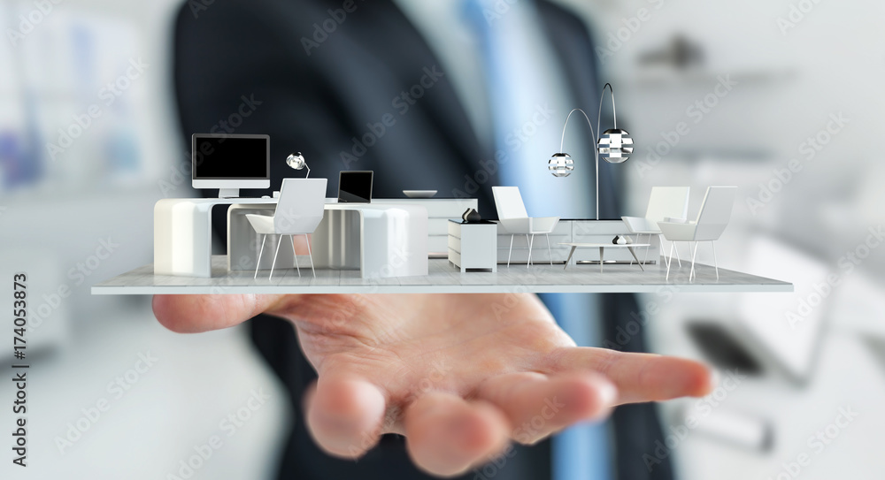 Businessman holding white 3D rendering apartment