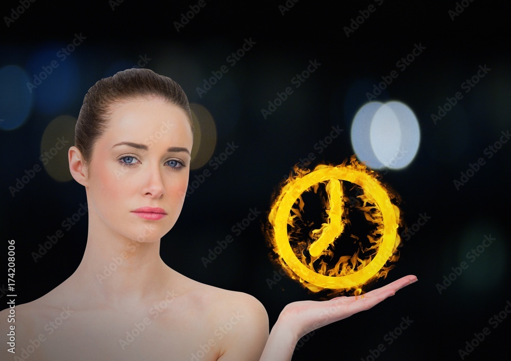 woman with hand up with clock fire icon over. Dark bokeh