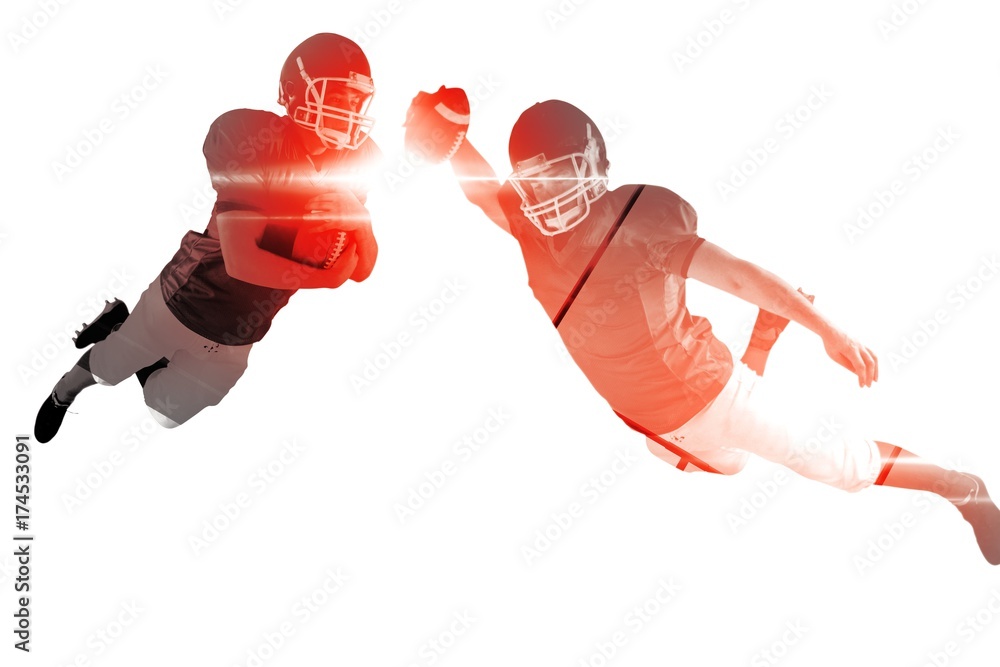 Composite image of american football player scoring a touchdown