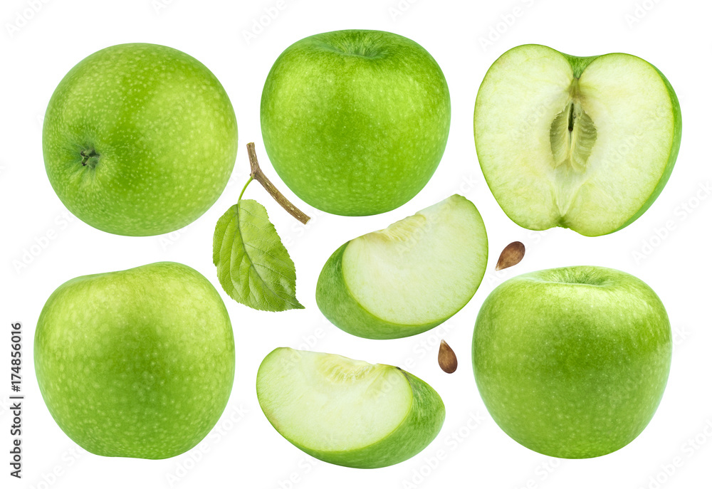 Green apple collection isolated on white background