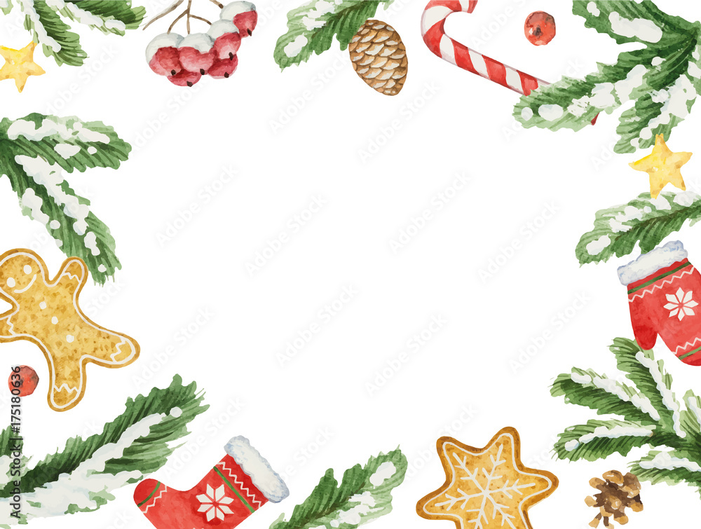 Watercolor vector Christmas frame with fir branches and place for text.