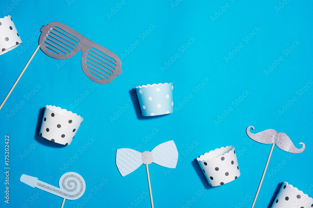 Birthday party background. Celebration concept. Flat lay.