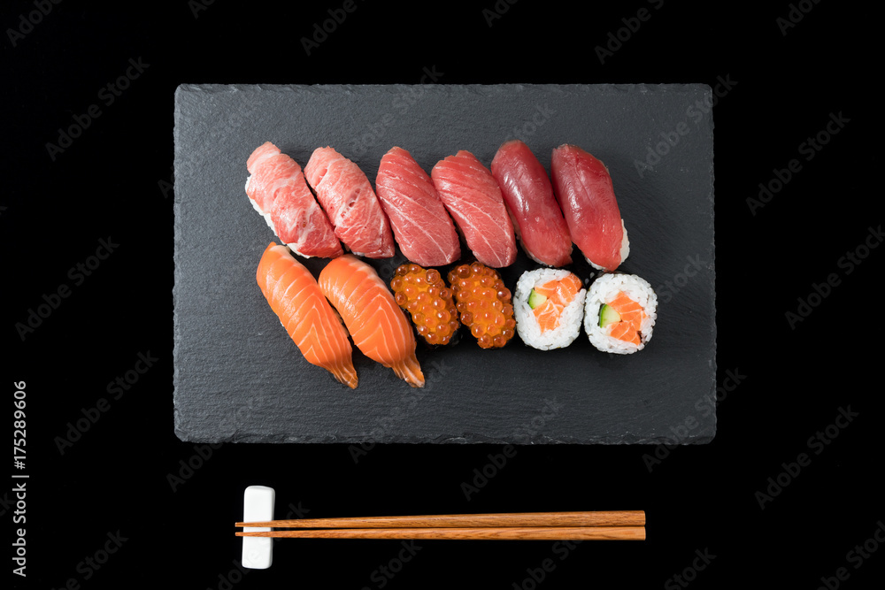 salmon sushi set on plate 