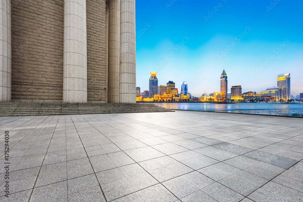 Empty square floor and modern city architecture scenery in Shanghai