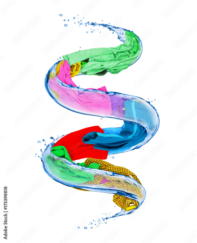 Colorful clothes rotates in a swirl of water splashes, isolated on white background