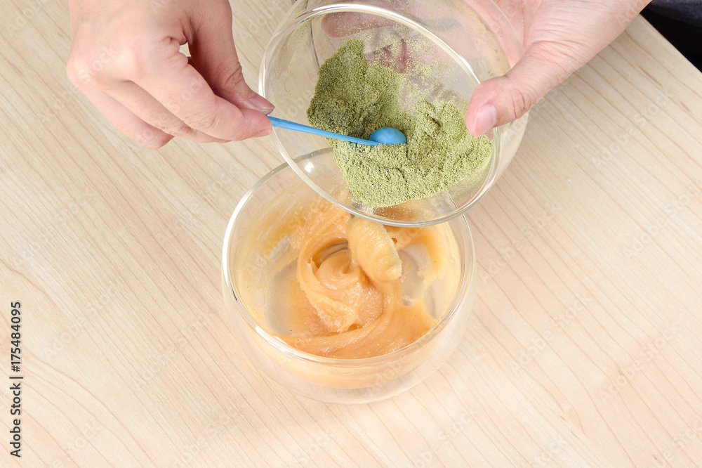 Matcha powder mix egg on wooden table