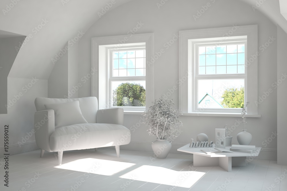 Inspiration of white minimalist room with armchair. Scandinavian interior design. 3D illustration