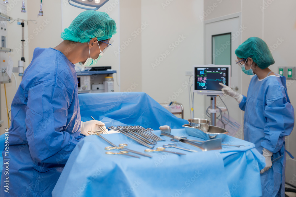 Asian doctor and an assistant in the operating room for surgical venous vascular surgery clinic in h