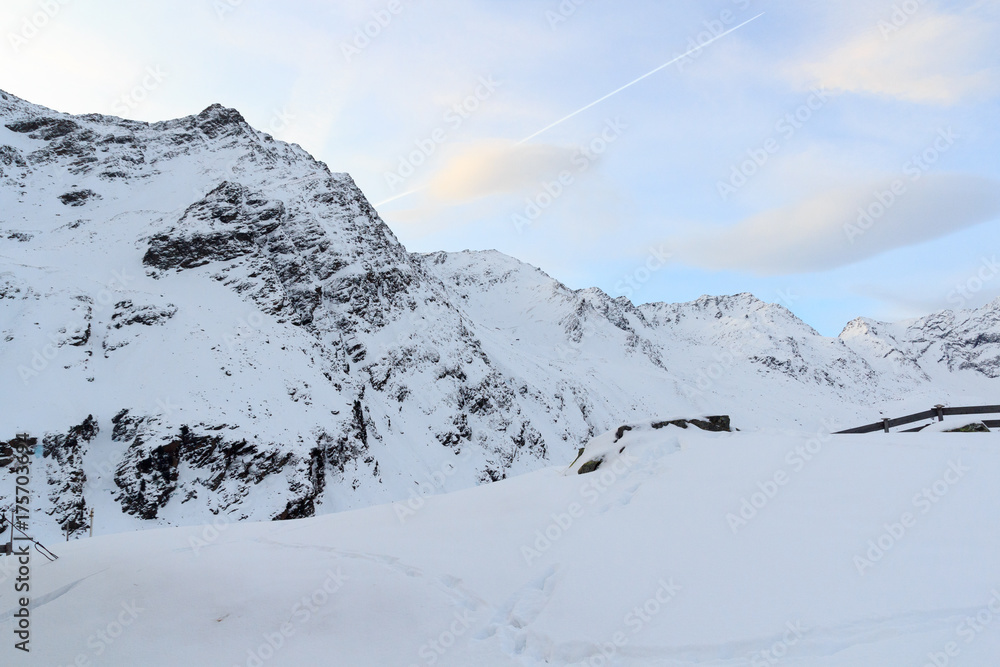 Mountain panorama with snow and blue sky in winter in Stubai Alps, Austria