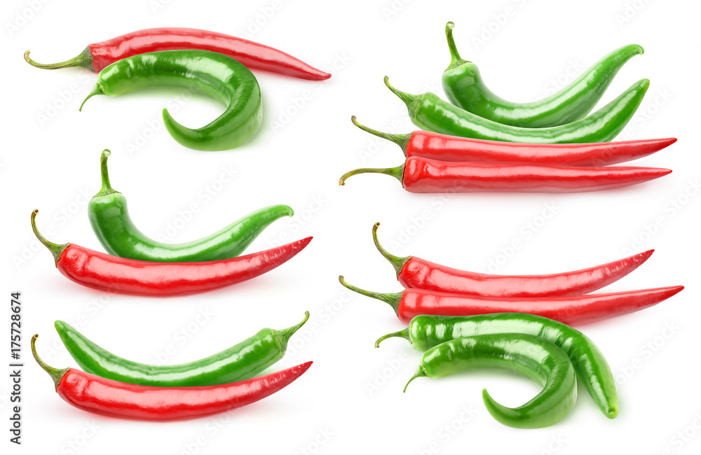 Isolated peppers collection. Red and green hot chili peppers in piles isolated on white background w