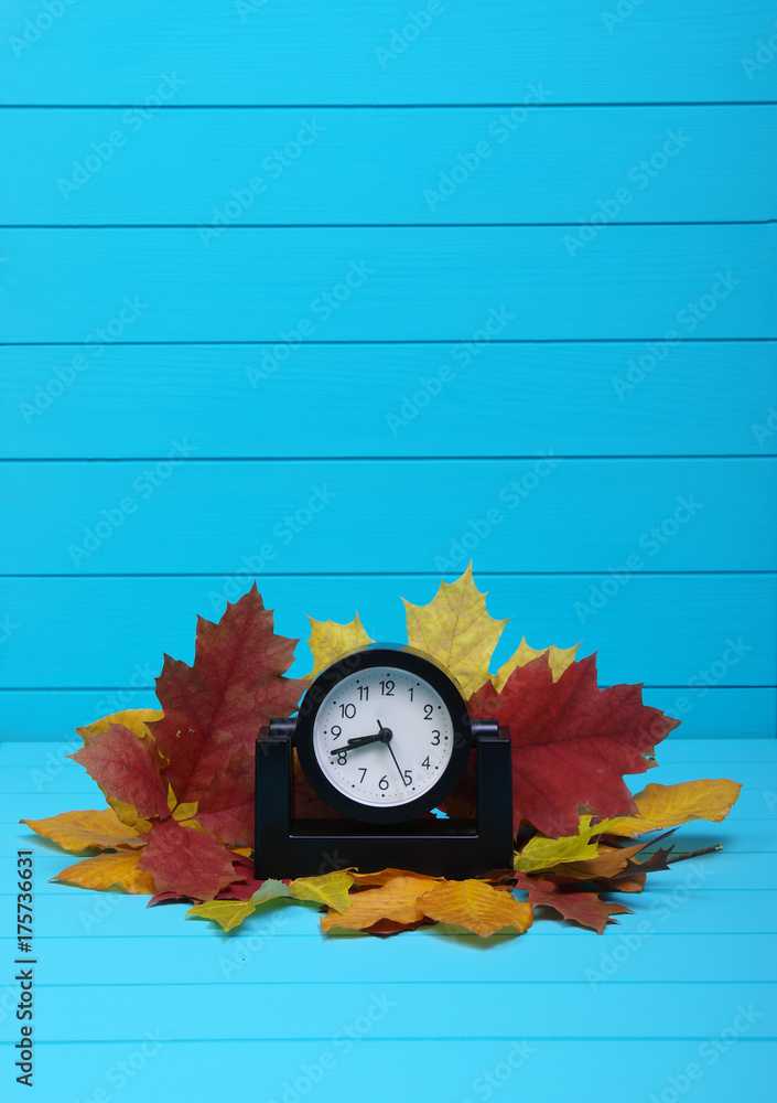 Autumn leafs and alarm clock on wood