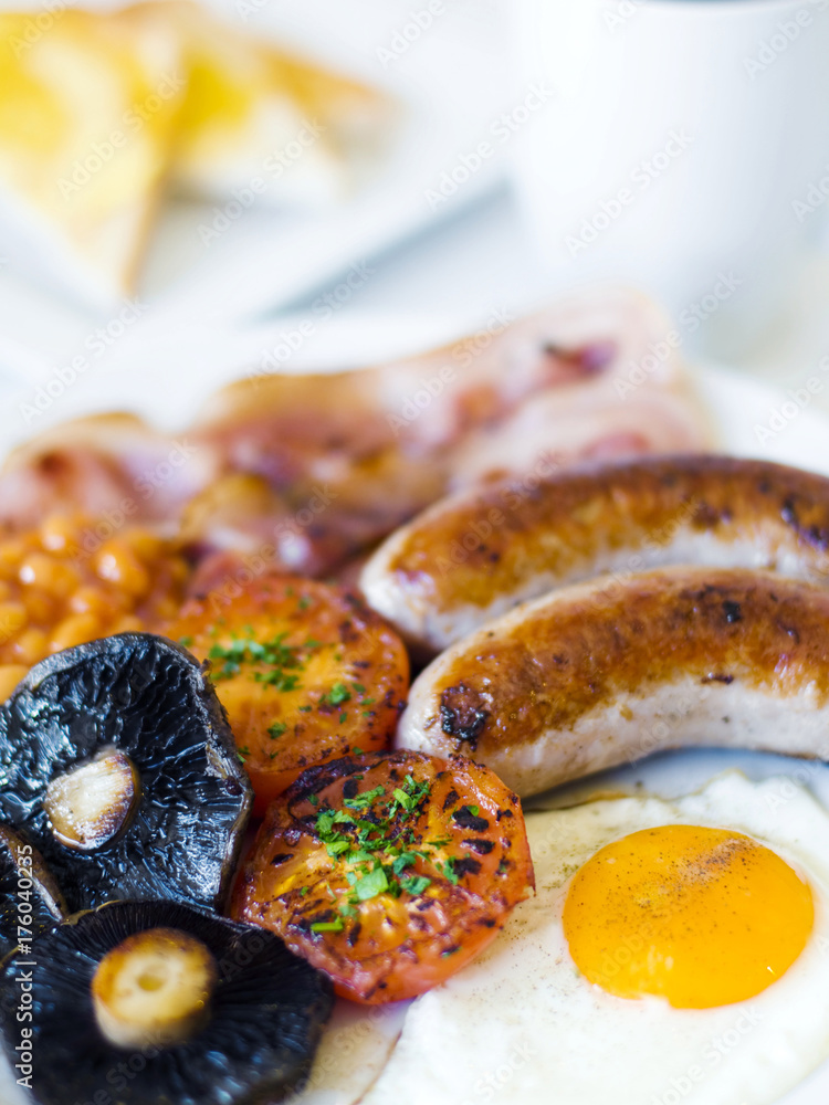 Close-up photo of full english breakfast.