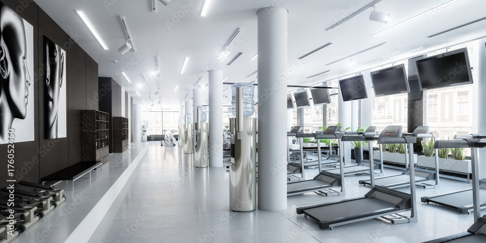 Laufbänder im Fitness-Zenter, leer (panoramisch)