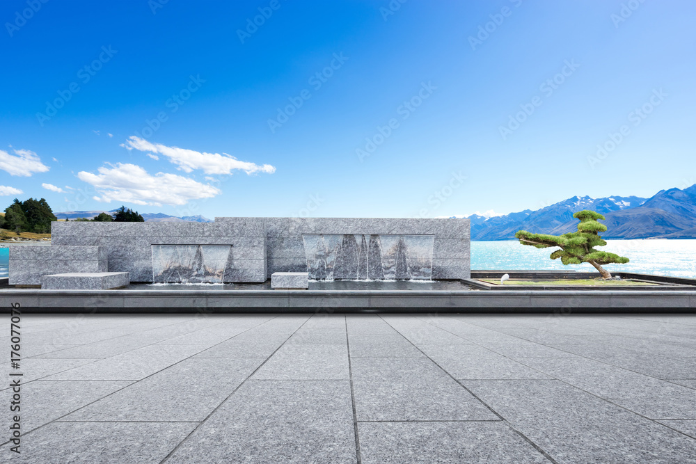 empty marble floor with decorative waterfall