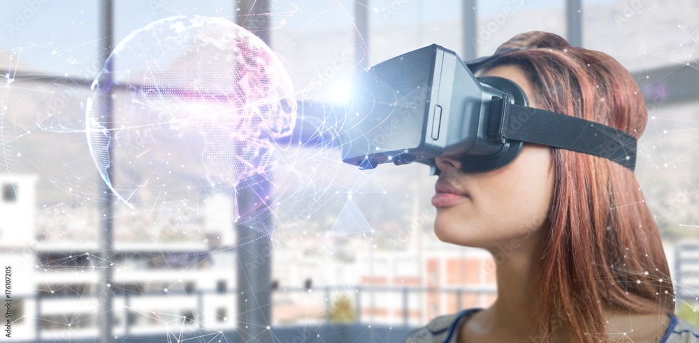 Composite image of close up of young woman using virtual reality