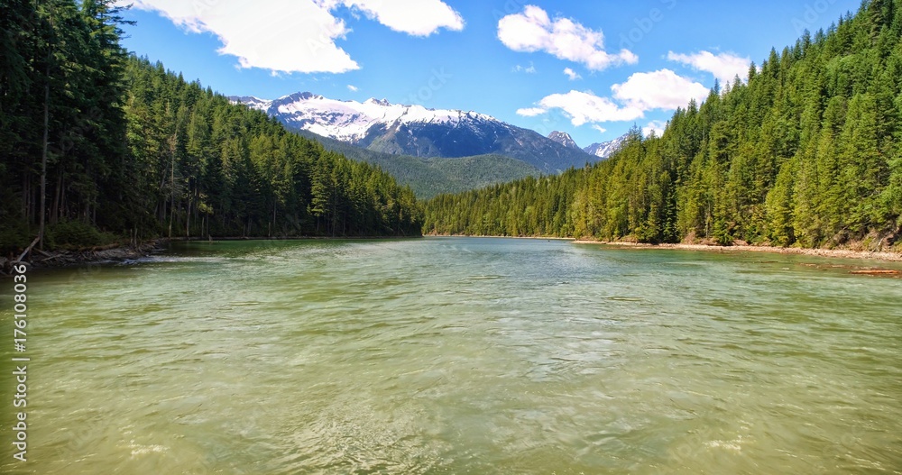 森林依山中的河流美景