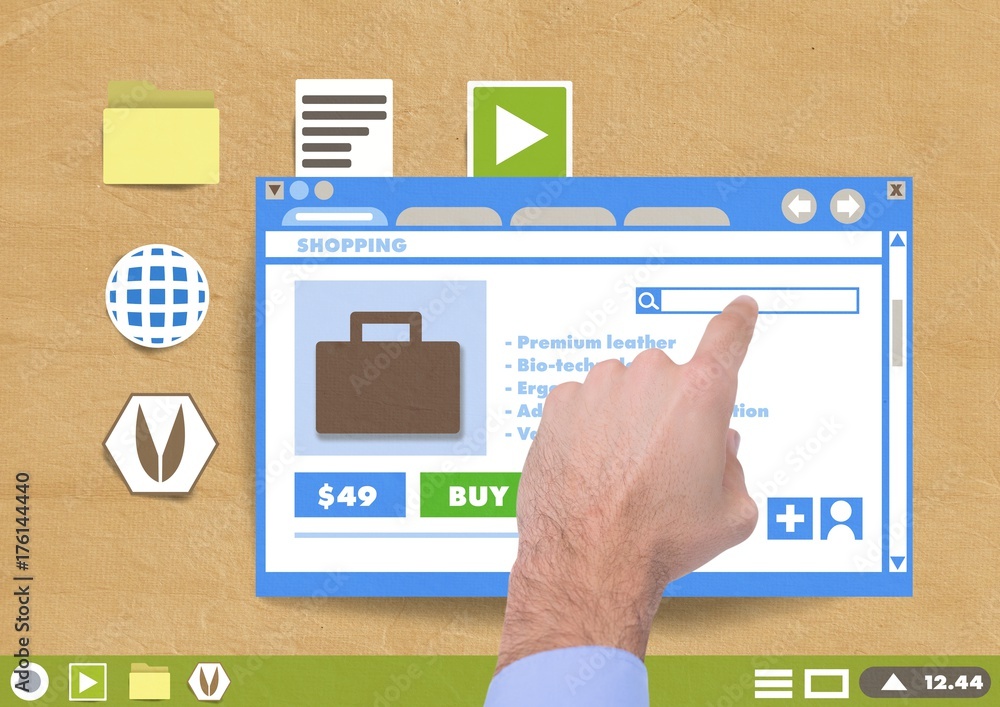 手触摸购物网站窗口和文件夹和文件图标