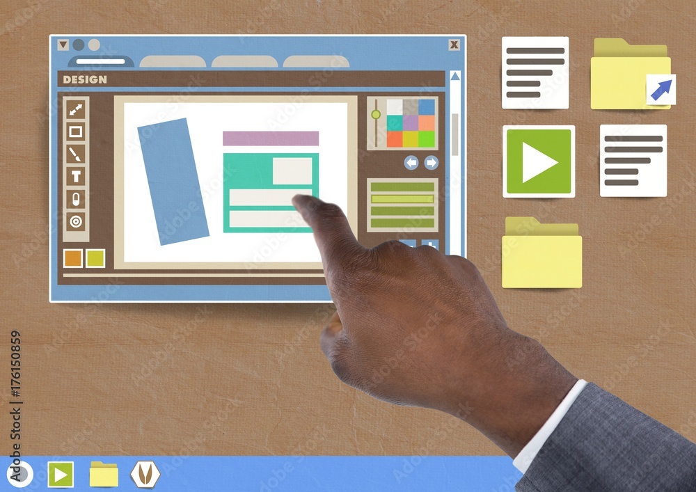 Hand touching Design editor window and Folder and files icons on